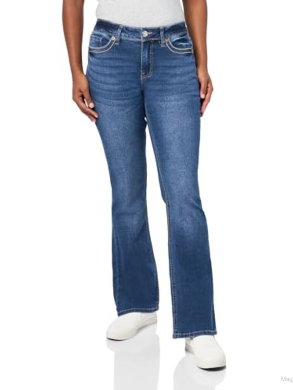 Mid-Rise Studded Cross Flap Pocket Boot Cut Jeans Stretch Denim